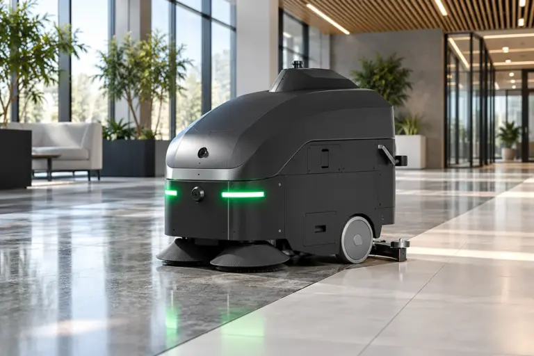 Geschikt voor elke vloer: ORI Clean ORIBOT S95 schoonmaakrobot rijdt over de overgang van natuursteen naar tegels