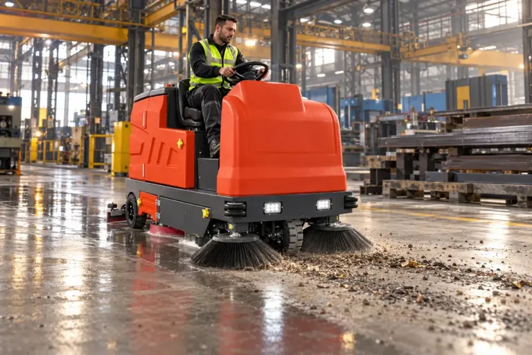 Industrie: ORI Clean S20X veeg-schrobmachine veegt en schrobt de vloer van een productiehal