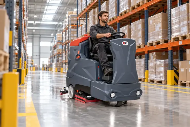 Magazijn en logistiek: ORI Clean zit-schrobmachine reinigt de vloer tussen palletstellingen in een distributiecentrum