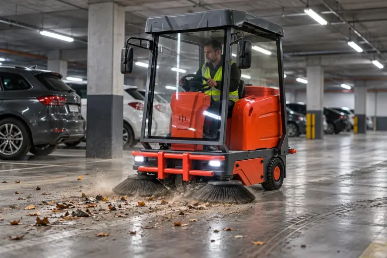 Parkeergarage: ORI Clean D2 zit-veegmachine met cabine veegt stof, bladeren en bandensporen weg