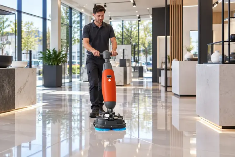 Retail en showroom: ORI Clean T55 compacte schrobmachine zorgt voor een streeploze tegelvloer