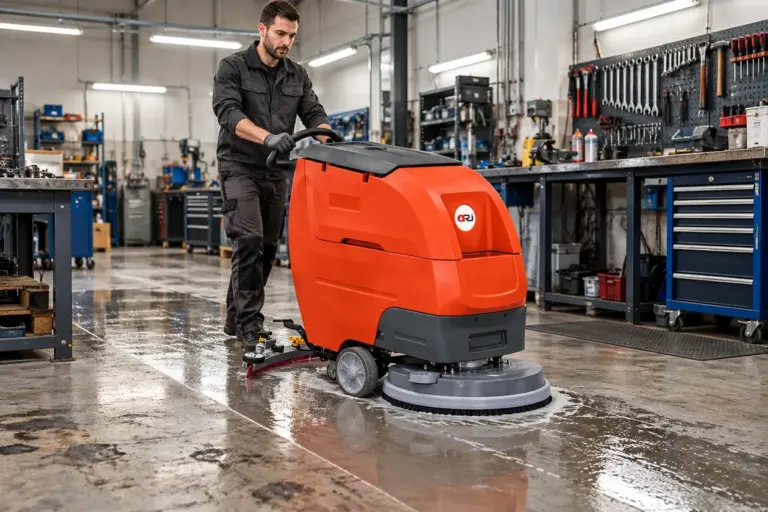 Werkplaats: ORI Clean D5 achterloop schrobmachine verwijdert olie en vuil van de werkplaatsvloer